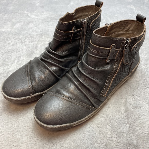 Biza Shoes - Biza Kinetic Leather Ankle Boots Size EU 41 US 10-10.5 Gray Brown Side Zip Moto
